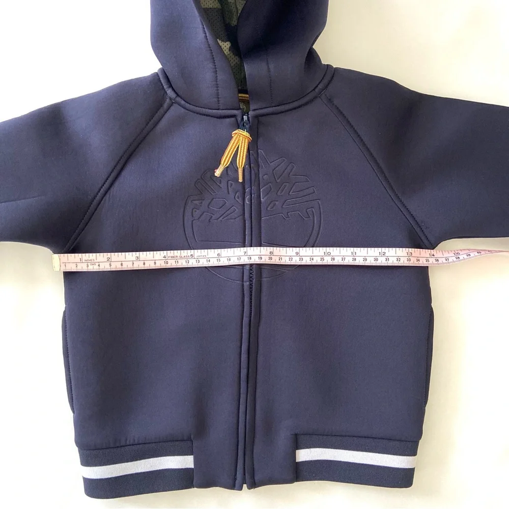 Timberland Kids Navy Blue Scuba Neoprene Zip Hoodie Embossed Logo, Boy’s Size 4